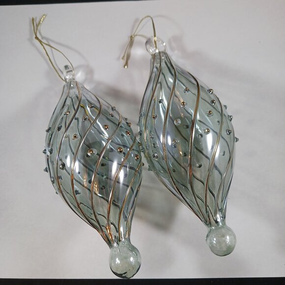 Hand Blown Egyptian Glass Green With Gold Trim 2pcs Christmas Tree Ornament - Picture 1 of 7